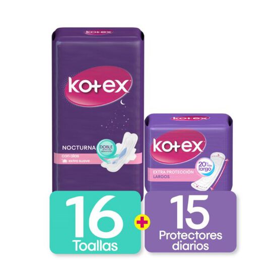 Toallas Femeninas Kotex Nocturna 16U + Protectores 15U